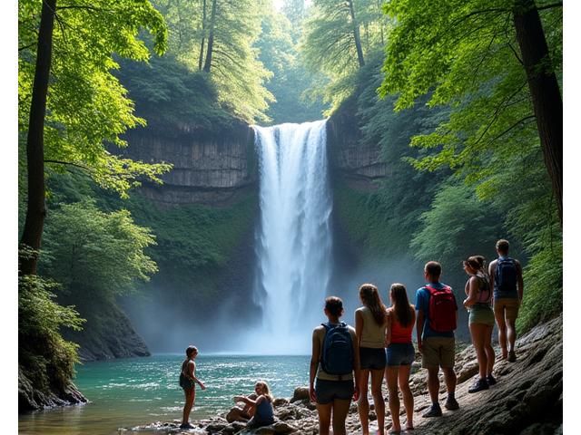 美しい滝でリラックスするハイキンググループ