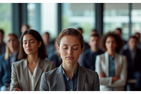 オフィスでグループ瞑想するプロフェッショナル